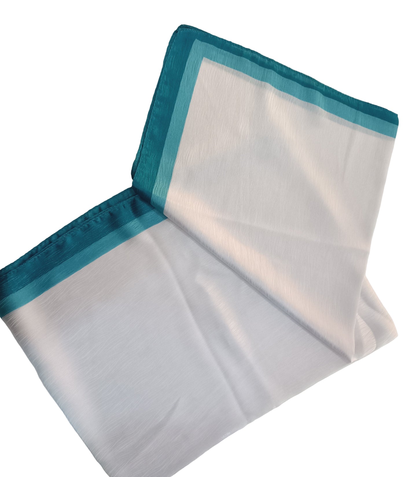 White fabric with teal border on a white background