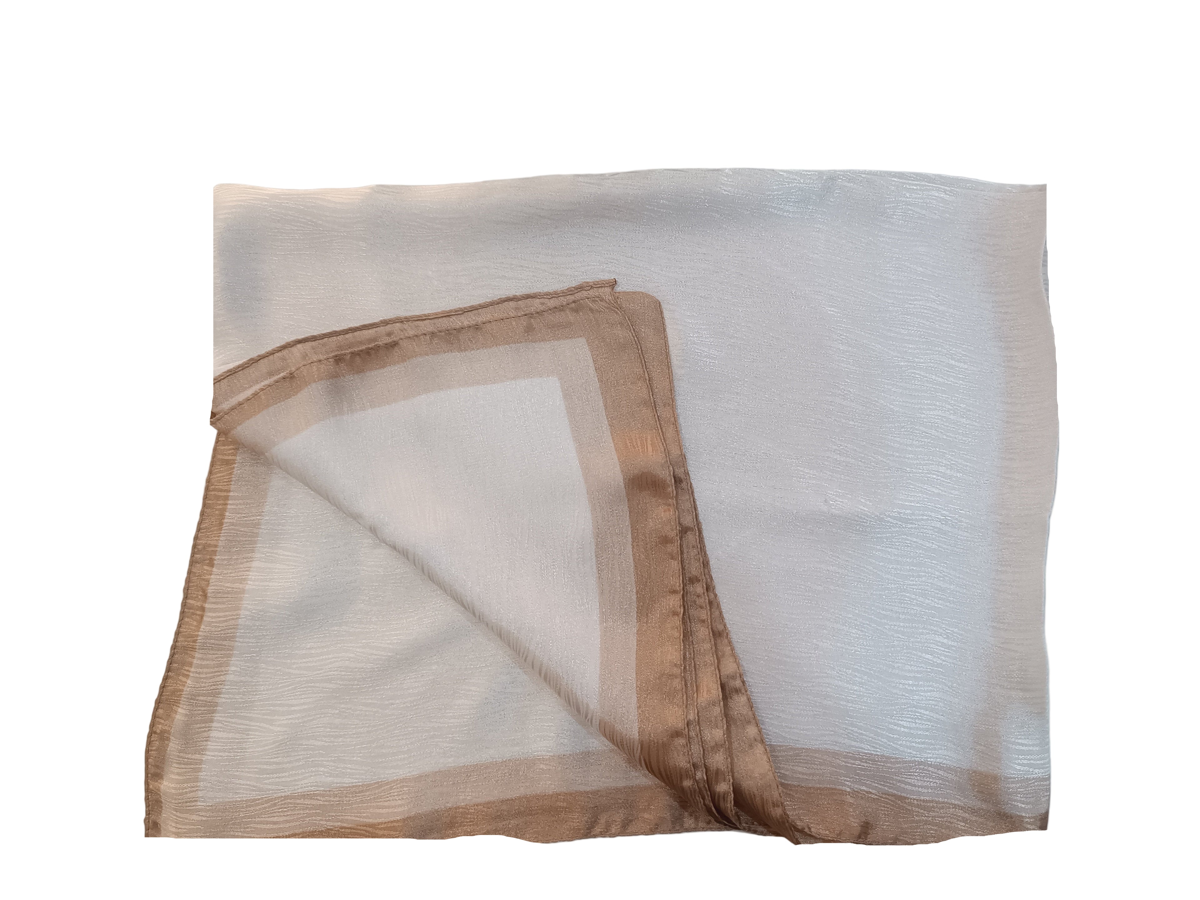 Sheer white fabric with brown border on a light gray background