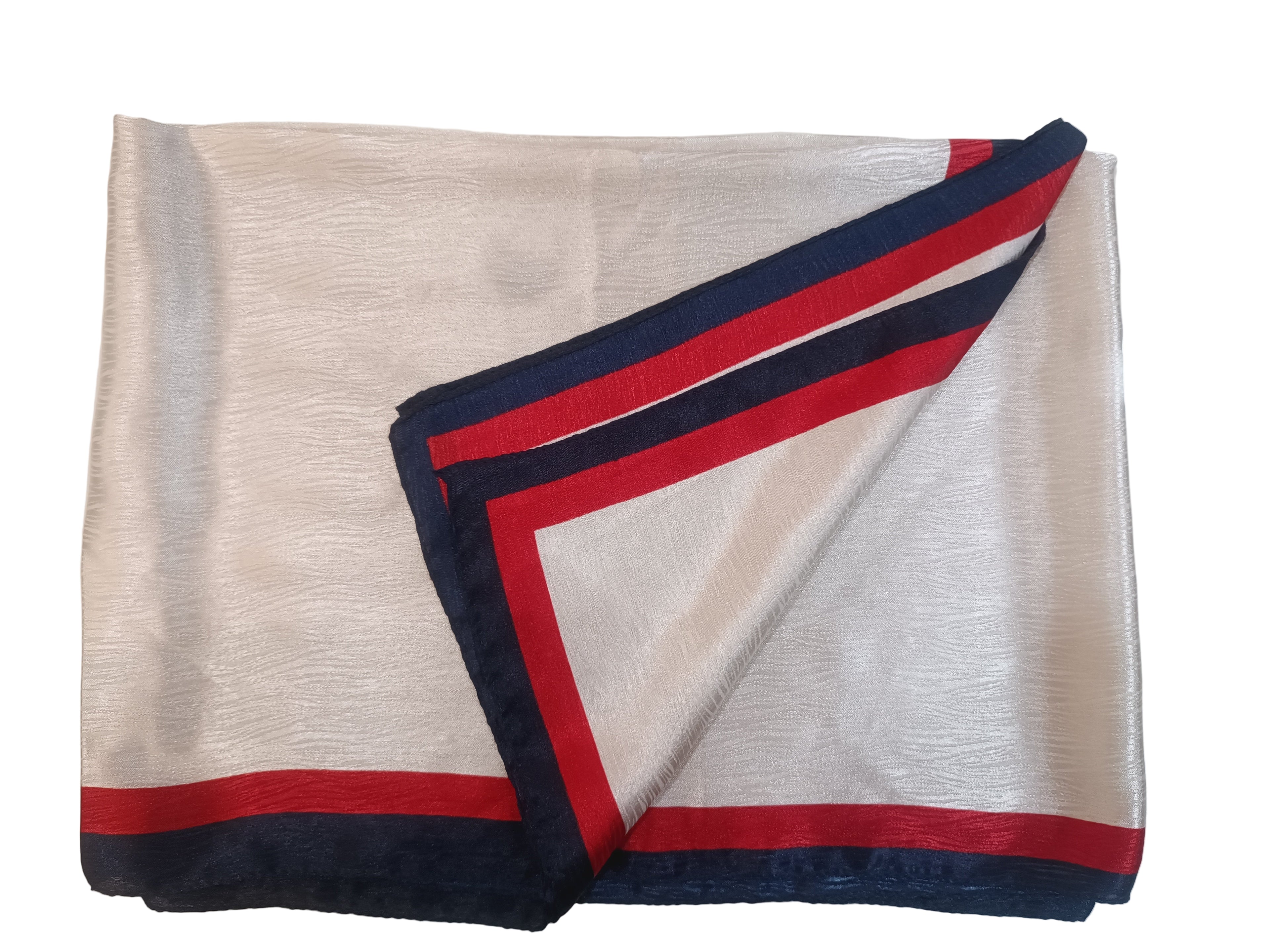 Folded fabric with red and navy border on a white background