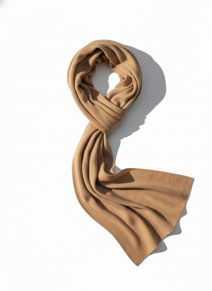 Beige scarf draped over a white background