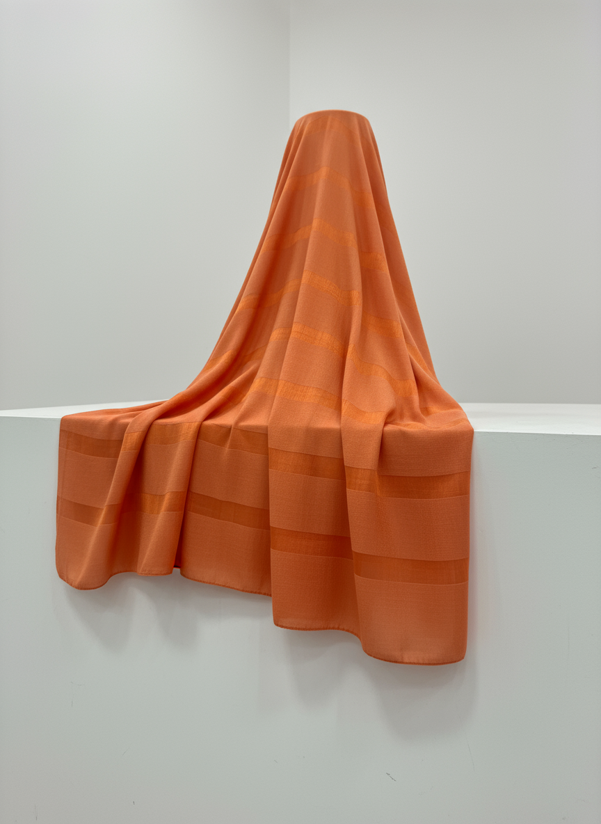 Orange striped fabric draped over a white wall