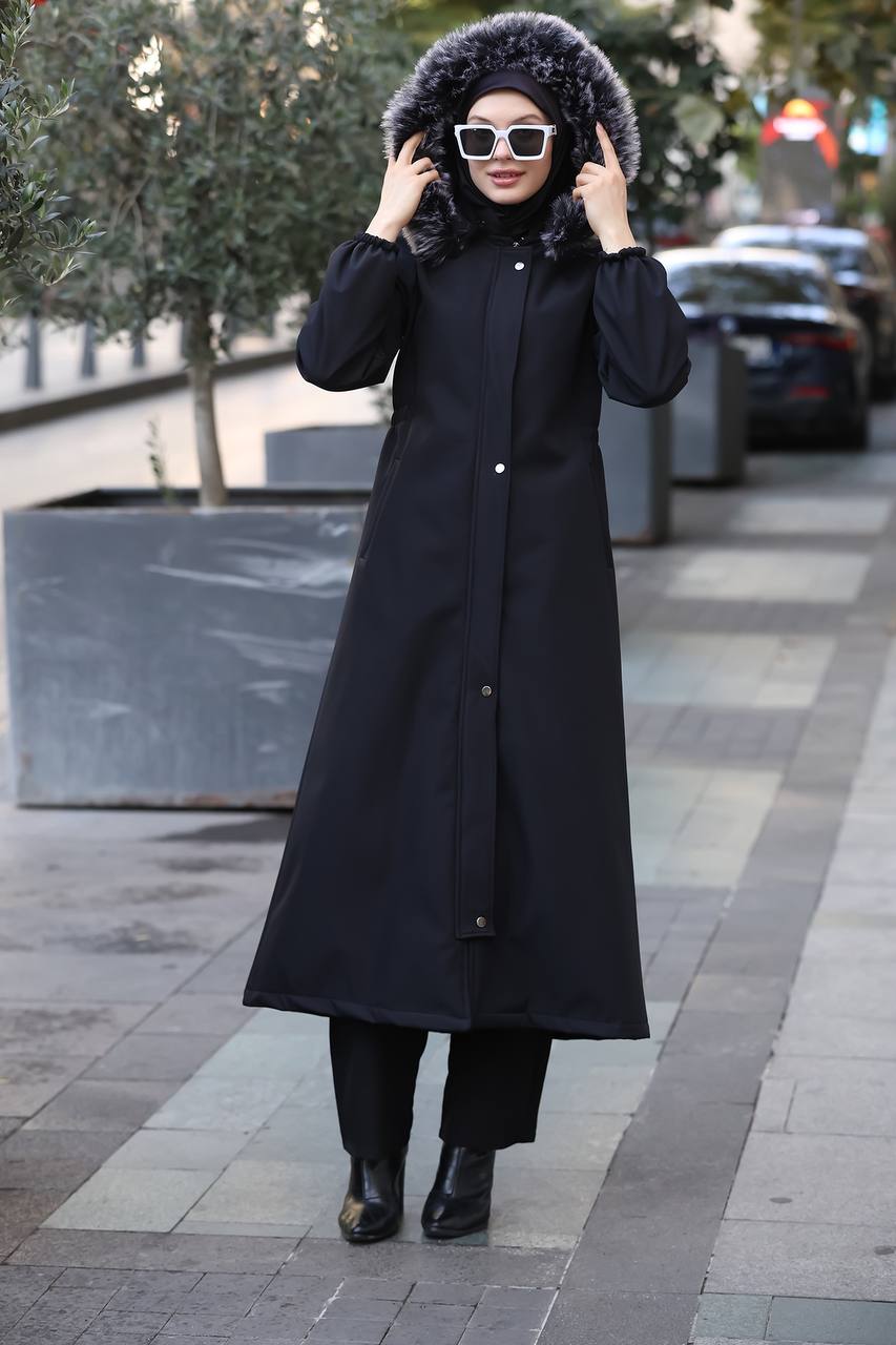 Long jacket abaya with fur cap