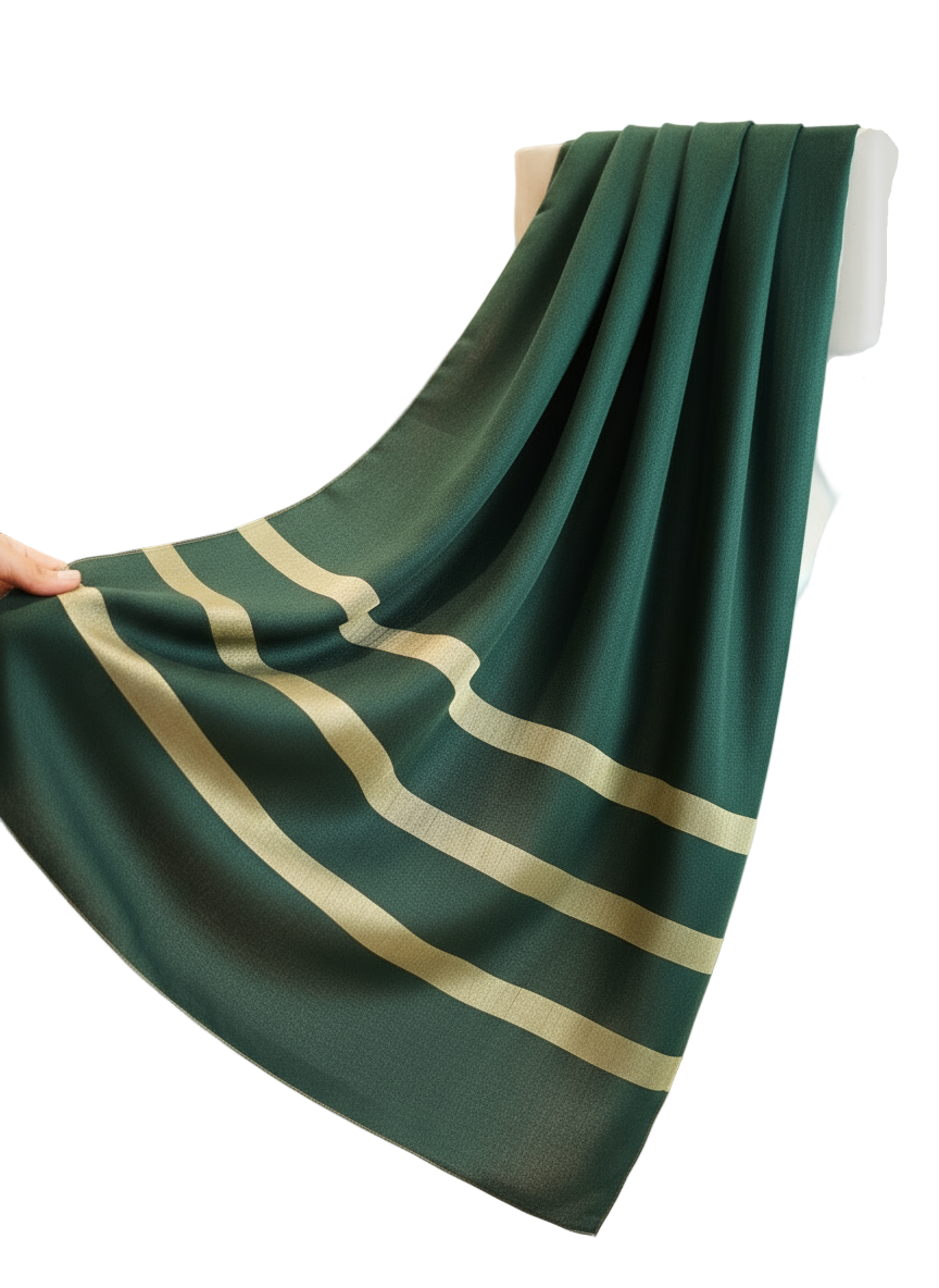 Green fabric with gold stripes held by a hand on a white background