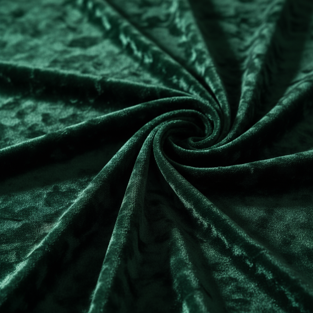 Close-up of dark green textured fabric with a swirl pattern